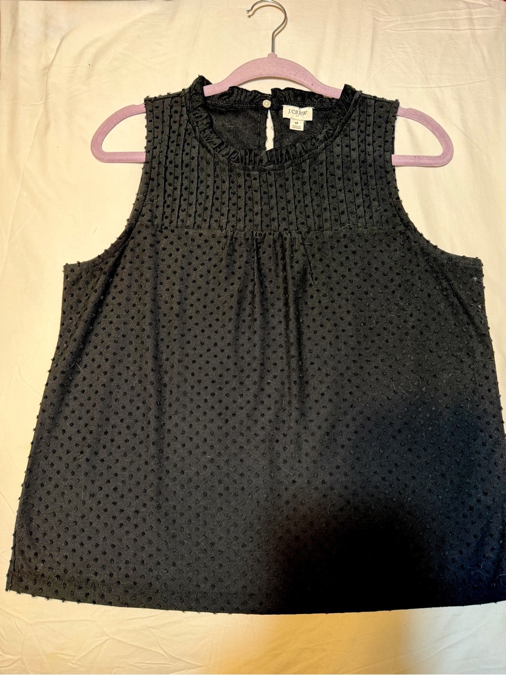 J. Crew Black Swiss Dot Sleeveless Ruffle-Neck Tank. Size M